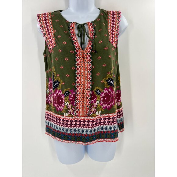 Anthropologie S Green Floral Embroidered Sigrid Tank Top Tie Neck Ruffle Boho - Picture 9 of 9